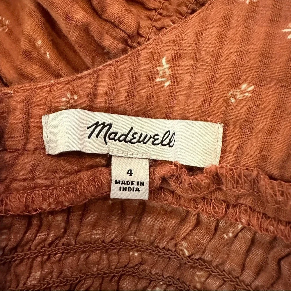 Madewell Smocked Peplum Top Womens 4 Rust Floral Puff Sleeve Square Neck